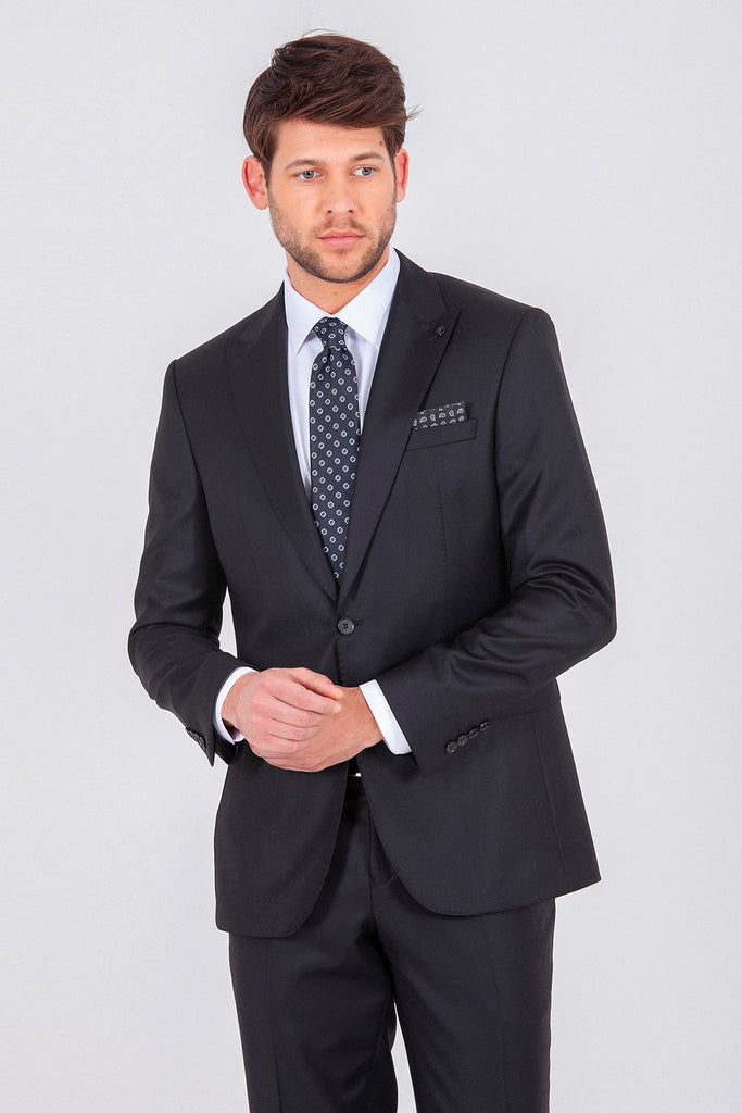 Slim Fit Peak Lapel Patterned Wool Blend Navy Classic Suit