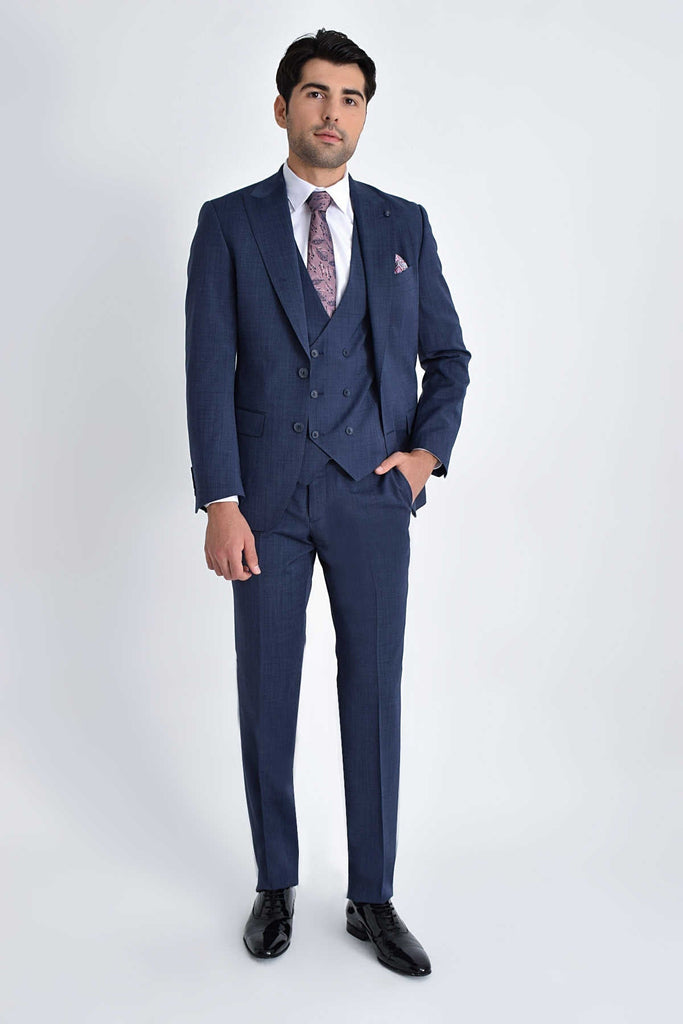 Slim Fit Peak Lapel Patterned Wool Blend Navy Classic Suit