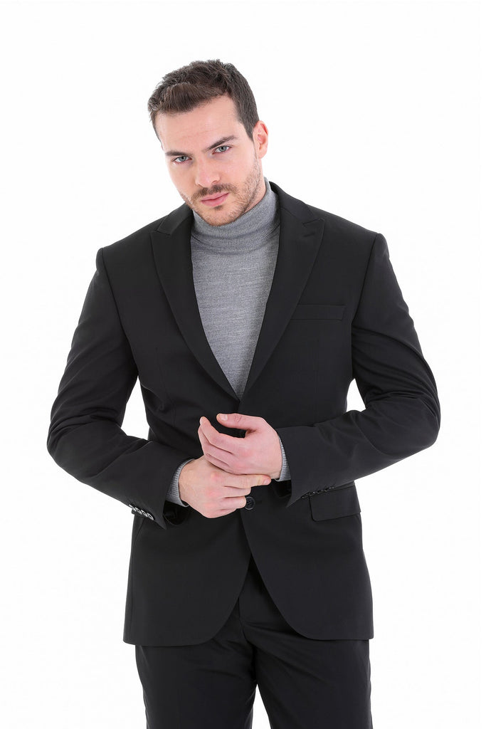 Slim Fit Peak Lapel Plain Black Classic Suit - MIB