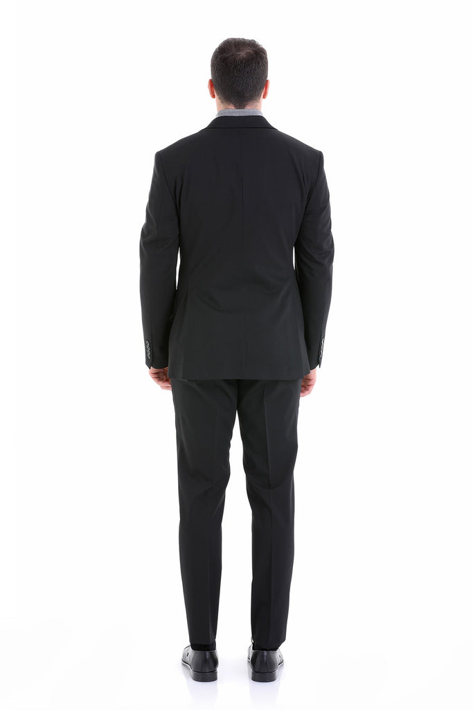 Slim Fit Peak Lapel Plain Black Classic Suit - MIB