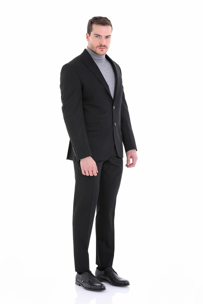 Slim Fit Peak Lapel Plain Black Classic Suit - Classic Suit