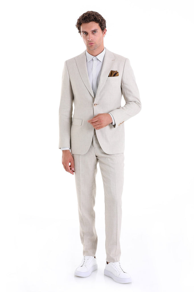 Slim Fit Peak Lapel Plain Linen Beige Casual Suit - MIB