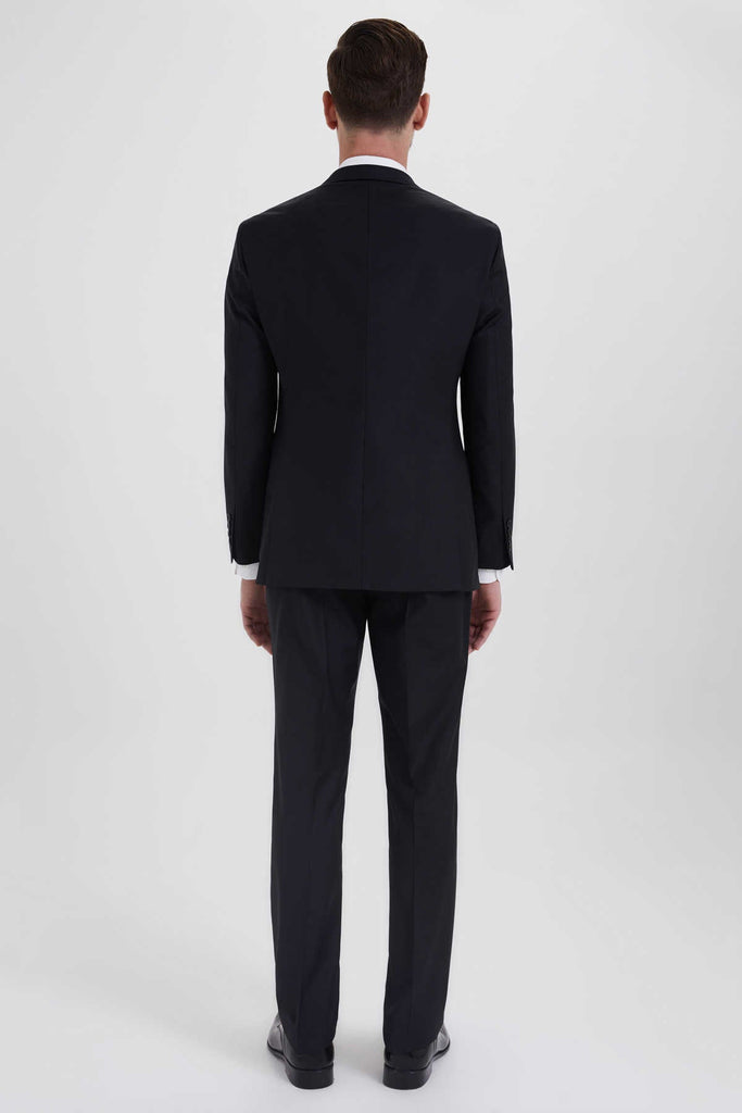 Slim Fit Peak Lapel Plain Wool Blend Black Classic Suit