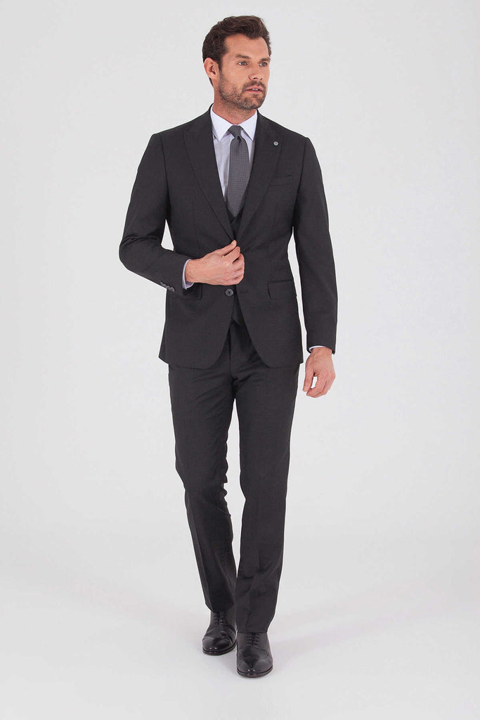Slim Fit Peak Lapel Plain Wool Blend Dark Gray Classic Suit