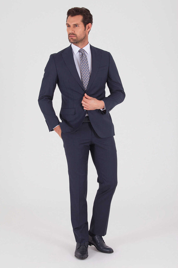 Slim Fit Peak Lapel Plain Wool Blend Dark Navy Classic Suit
