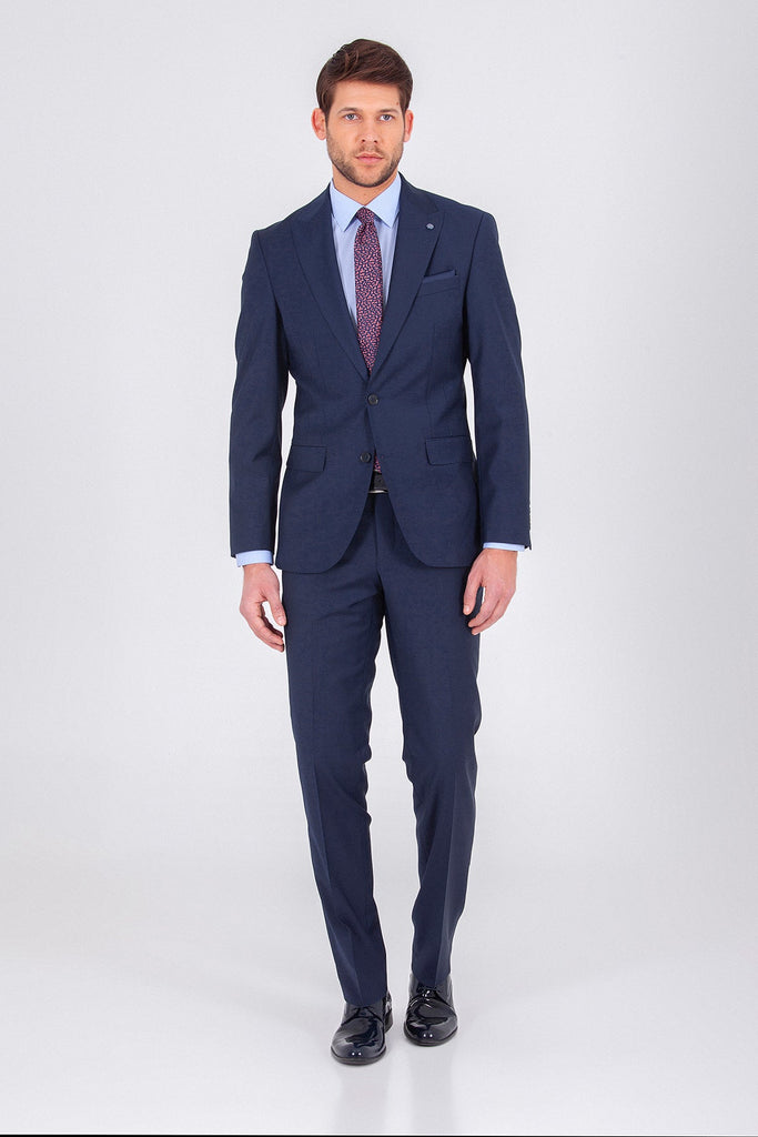 Slim Fit Peak Lapel Plain Wool Blend Navy Classic Suit - MIB
