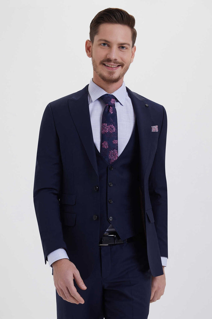 Slim Fit Peak Lapel Plain Wool Blend Navy Classic Suit