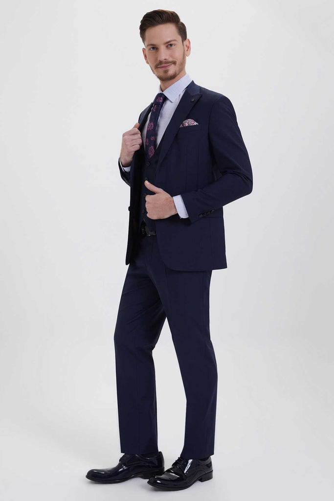 Slim Fit Peak Lapel Plain Wool Blend Navy Classic Suit