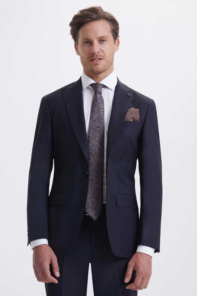 Slim Fit Peak Lapel Wool Dark Navy Classic Suit - MIB