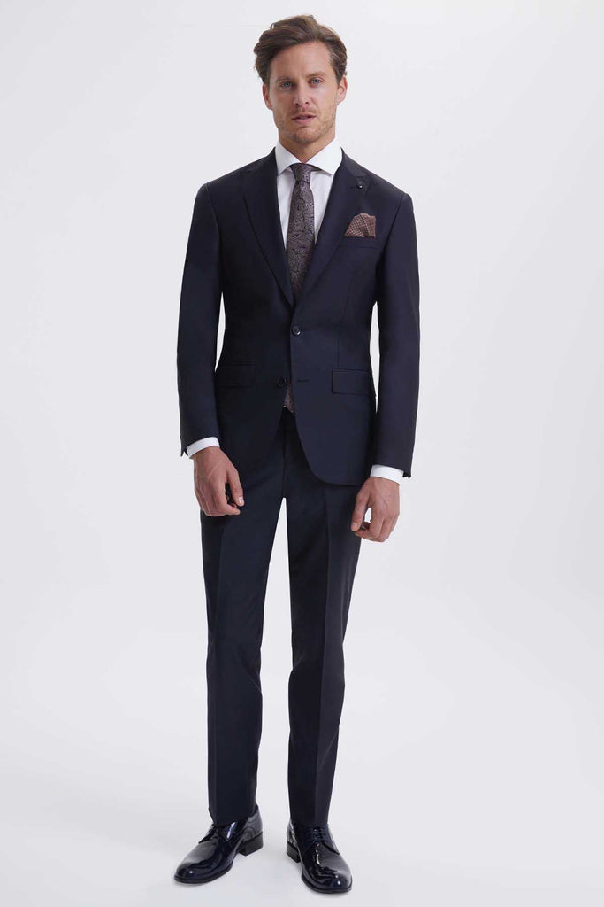 Slim Fit Peak Lapel Wool Dark Navy Classic Suit - MIB