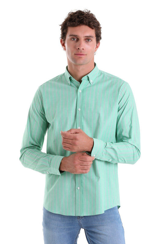 A men’s long-sleeved button-down shirt in a light mint green color with fine vertical white pinstripes.