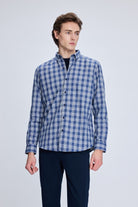 Slim Fit Plaid Cotton Blend Blue Casual Shirt - MIB