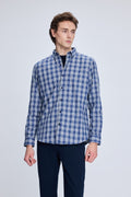 Slim Fit Plaid Cotton Blend Blue Casual Shirt