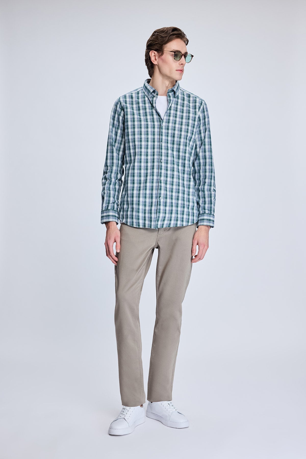 Slim Fit Plaid Cotton Blend Khaki Casual Shirt - MIB