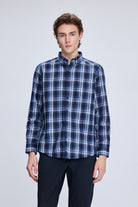 Slim Fit Plaid Cotton Blend Navy Casual Shirt - MIB
