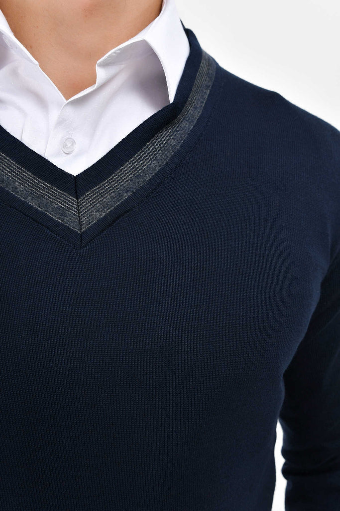 Slim Fit Plain Cotton Blend Navy V-Neck Sweater - MIB