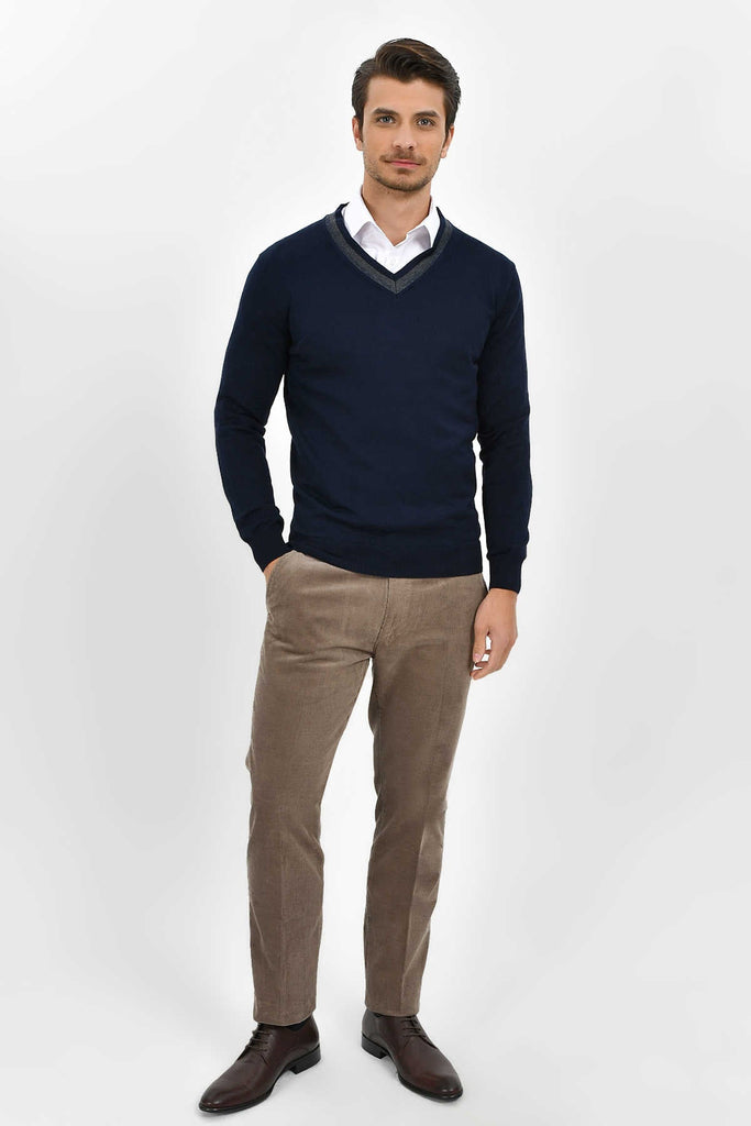 Slim Fit Plain Cotton Blend Navy V-Neck Sweater - MIB