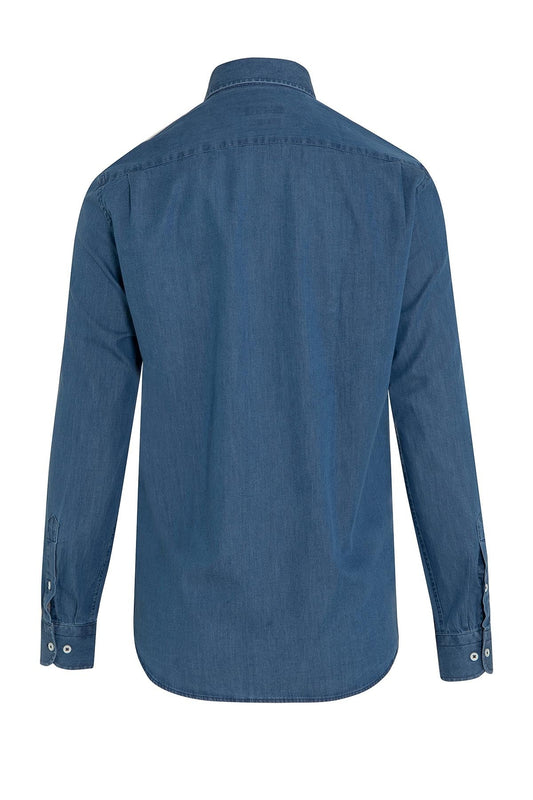 A navy blue long-sleeved button-down shirt with a classic collar and subtle stitching details.