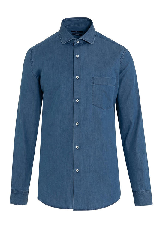 A classic men’s long-sleeved button-down shirt in a solid denim blue hue, crafted from a textured cotton blend with subtle vertical ribbing and featuring contrasting white buttons.