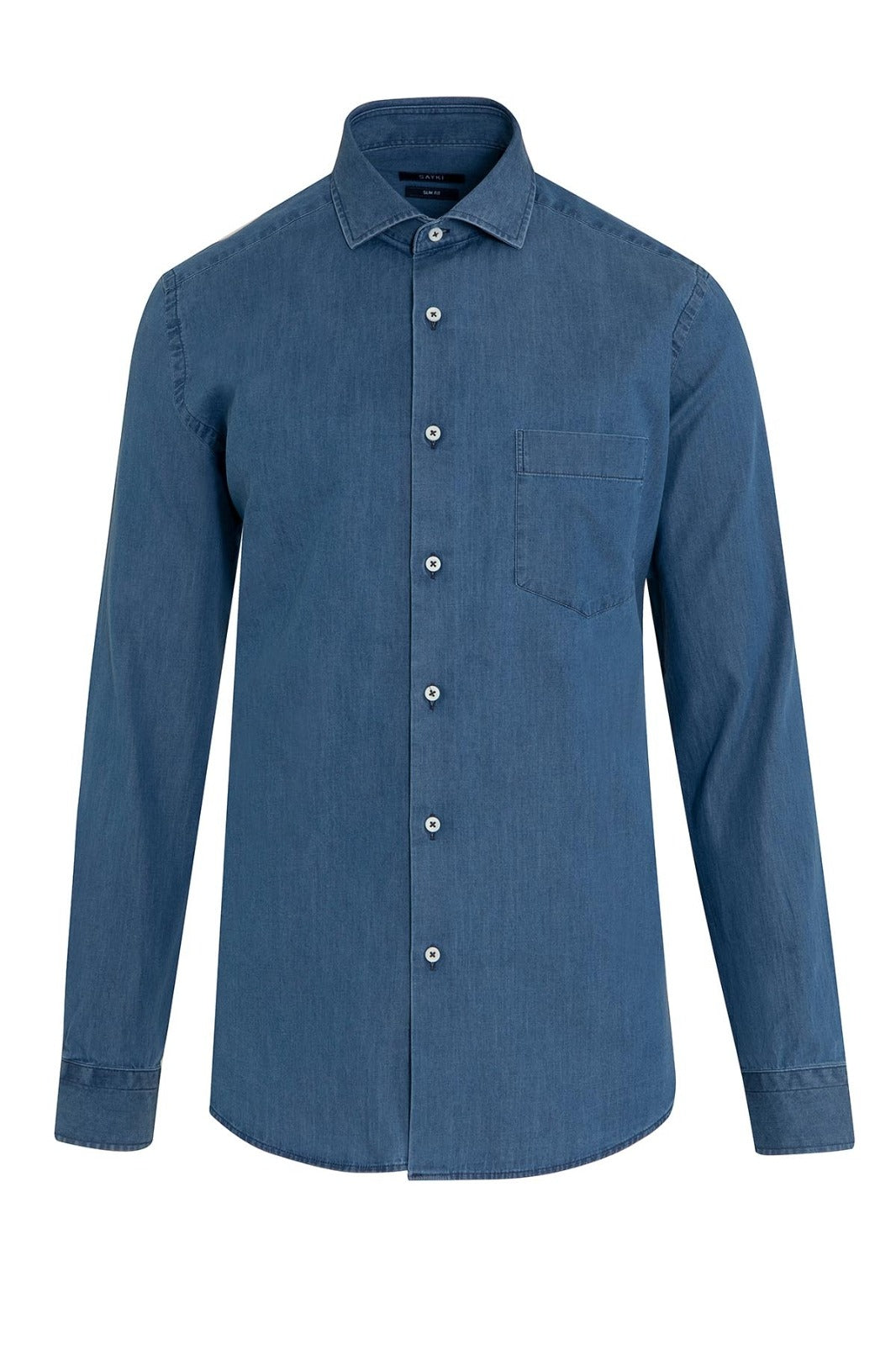 A classic men’s long-sleeved button-down shirt in a solid denim blue hue, crafted from a textured cotton blend with subtle vertical ribbing and featuring white buttons.