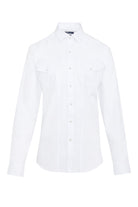 White long-sleeved button-down shirt with two chest pockets and a classic collar.