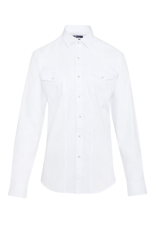White long-sleeved button-down shirt with two chest pockets and a classic collar.