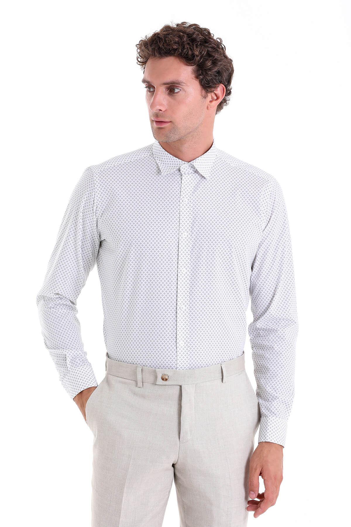 White long-sleeved dress shirt with a subtle geometric dot pattern.