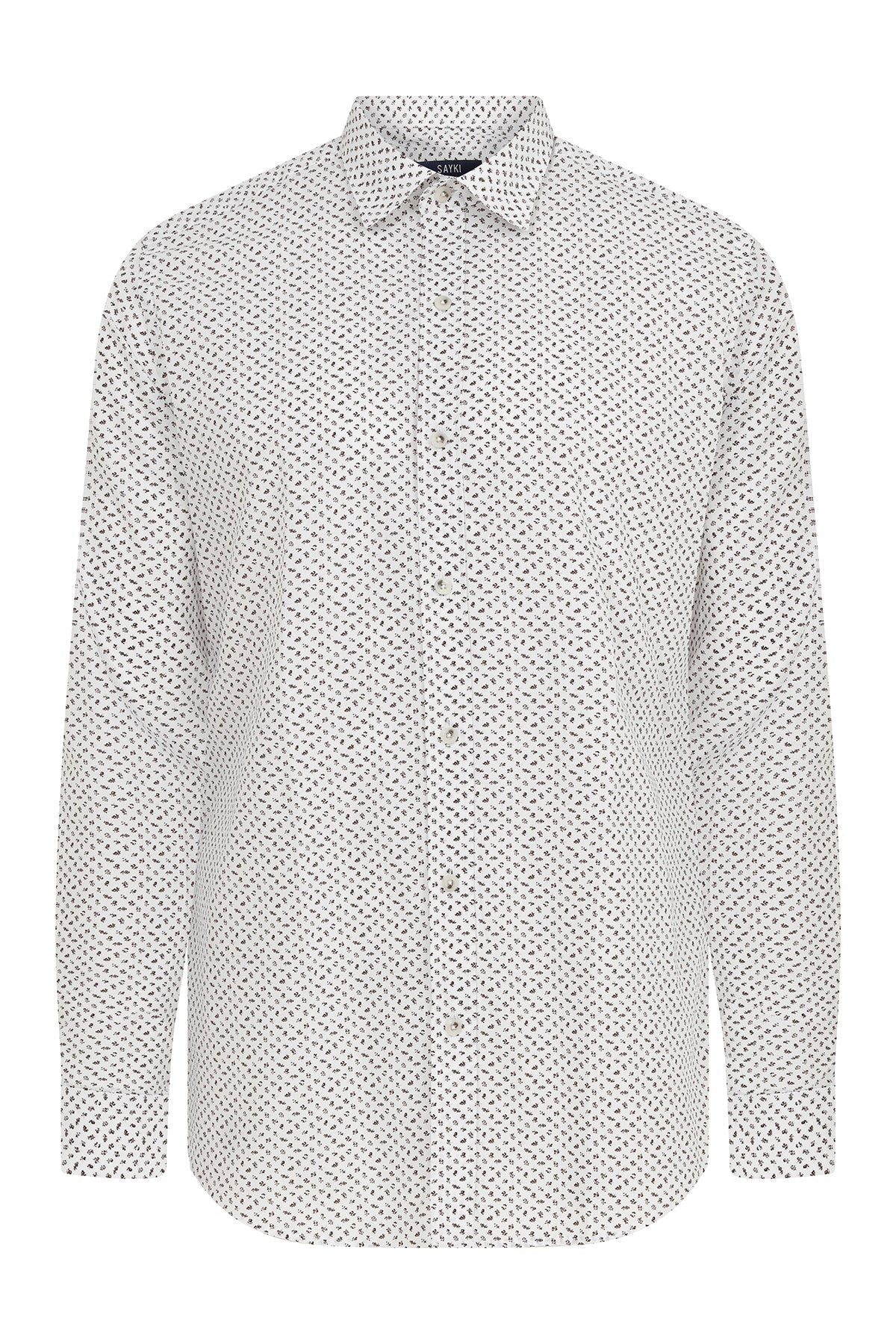White button-down shirt with a subtle black geometric pattern.