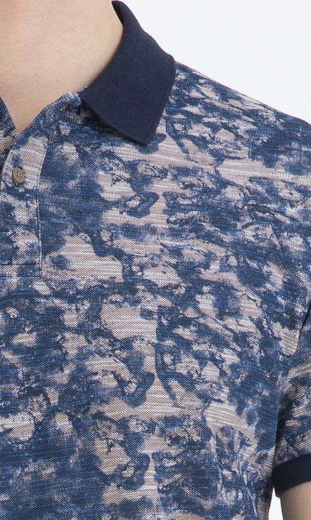 Slim Fit Printed Cotton Beige & Navy Polo T-shirt - MIB