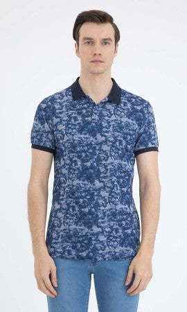 Slim Fit Printed Cotton Beige & Navy Polo T-shirt - MIB
