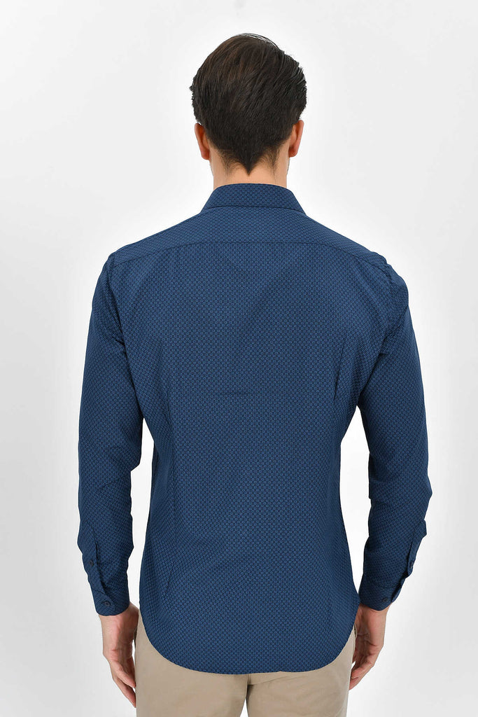 Slim Fit Printed Cotton Blend Navy Casual Shirt - MIB