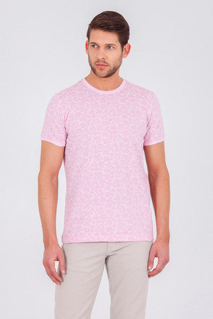Slim Fit Printed Cotton Blend Pink Crew Neck T-Shirt - MIB