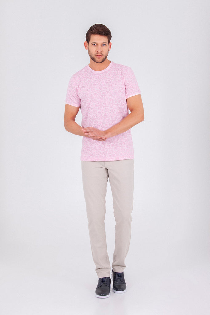 Slim Fit Printed Cotton Blend Pink Crew Neck T-Shirt - MIB