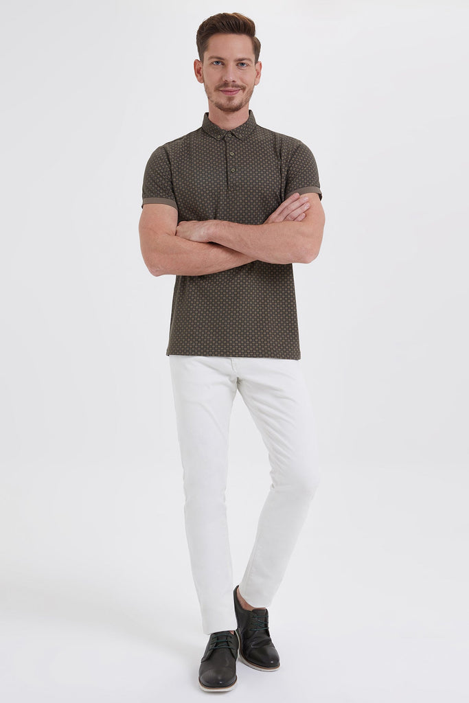 Slim Fit Printed Cotton Khaki & Beige Polo T-shirt - MIB