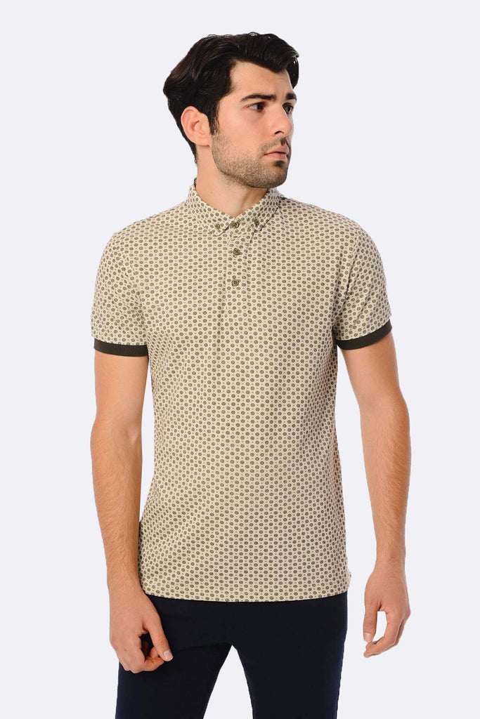 Slim Fit Printed Cotton Khaki & Beige Polo T-shirt - Polo
