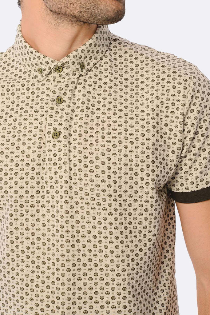 Slim Fit Printed Cotton Khaki & Beige Polo T-shirt - Polo