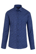 A navy blue long-sleeved dress shirt with a subtle floral pattern and black buttons, featuring a classic collar.