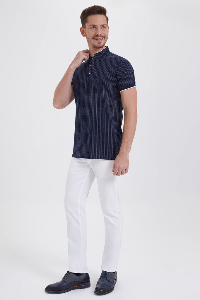 Slim Fit Printed Cotton White & Navy Stand Collar T-Shirt