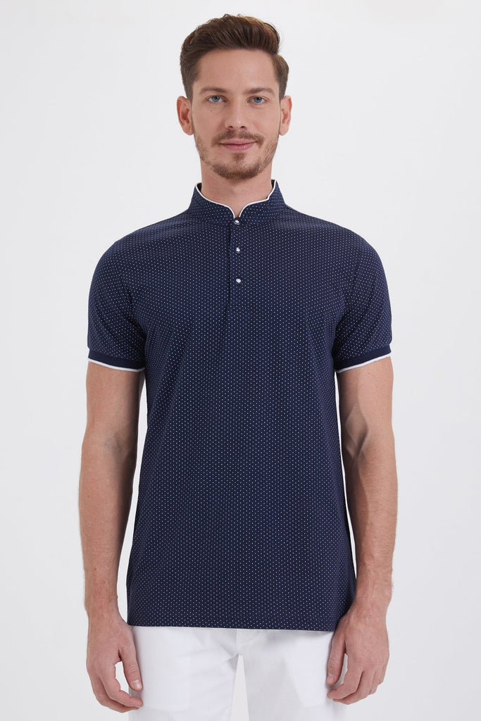Slim Fit Printed Cotton White & Navy Stand Collar T-Shirt