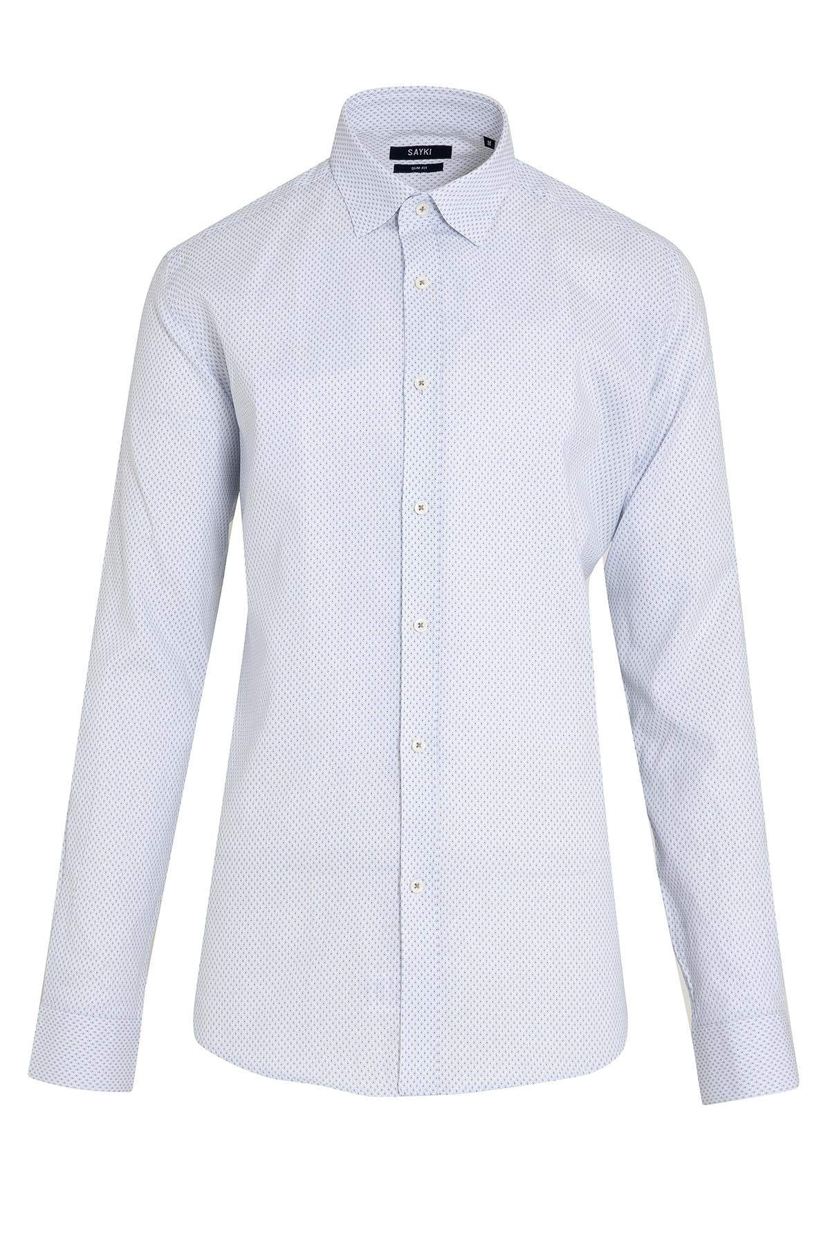 A crisp white men’s dress shirt with a subtle geometric pattern and classic collar.