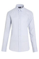 A crisp white men’s dress shirt with a subtle geometric pattern and classic collar.