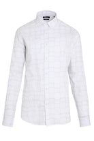 White button-down shirt with a subtle geometric grid pattern in light gray.