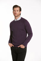 A men’s dark purple crewneck sweater with a subtle textured knit and raglan sleeves.