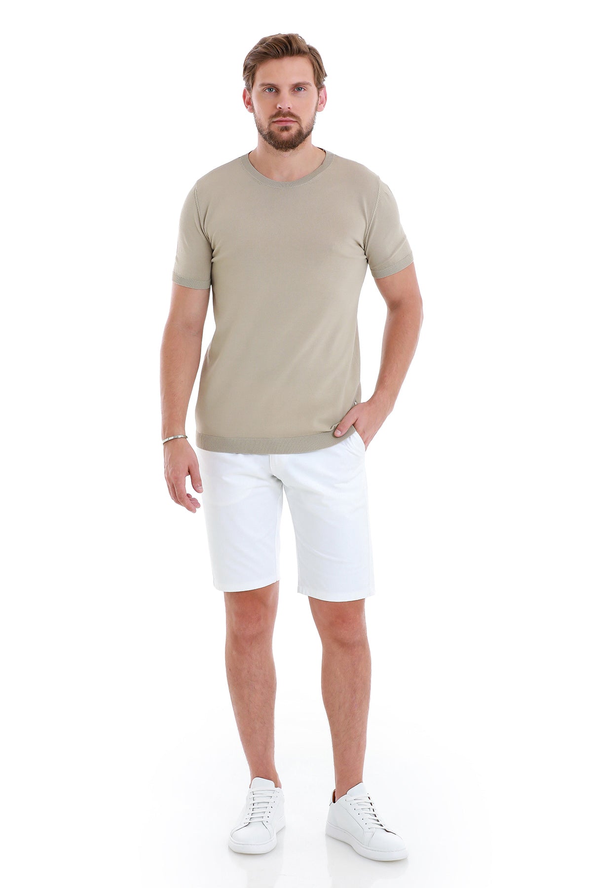 Slim Fit Rayon Beige Crew Neck Knit T-Shirt - SAYKI