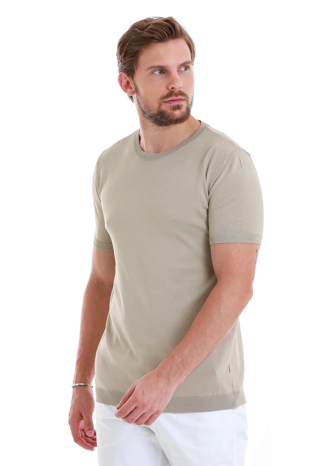 Slim Fit Rayon Beige Crew Neck Knit T-Shirt - SAYKI