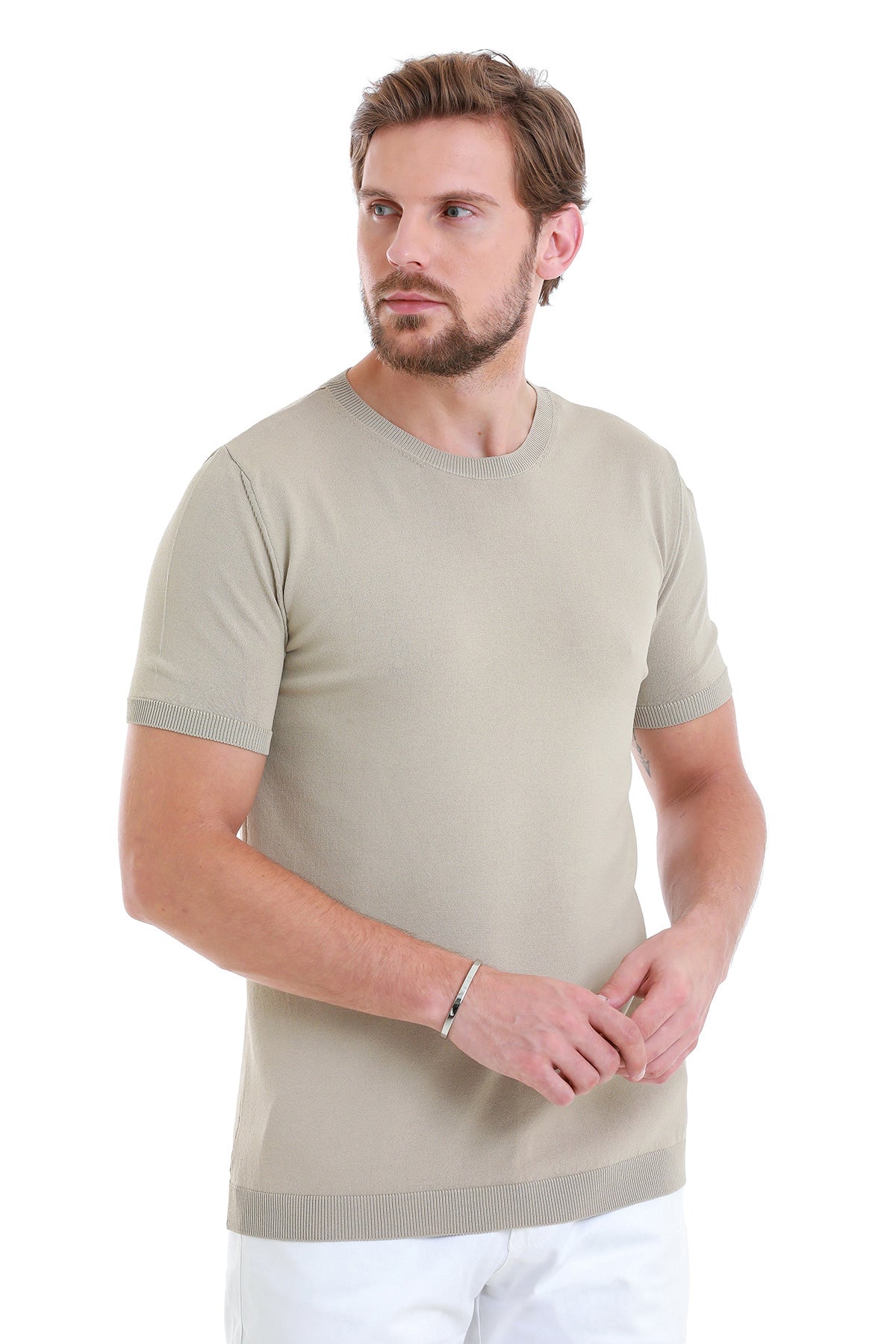 Slim Fit Rayon Beige Crew Neck Knit T-Shirt - SAYKI