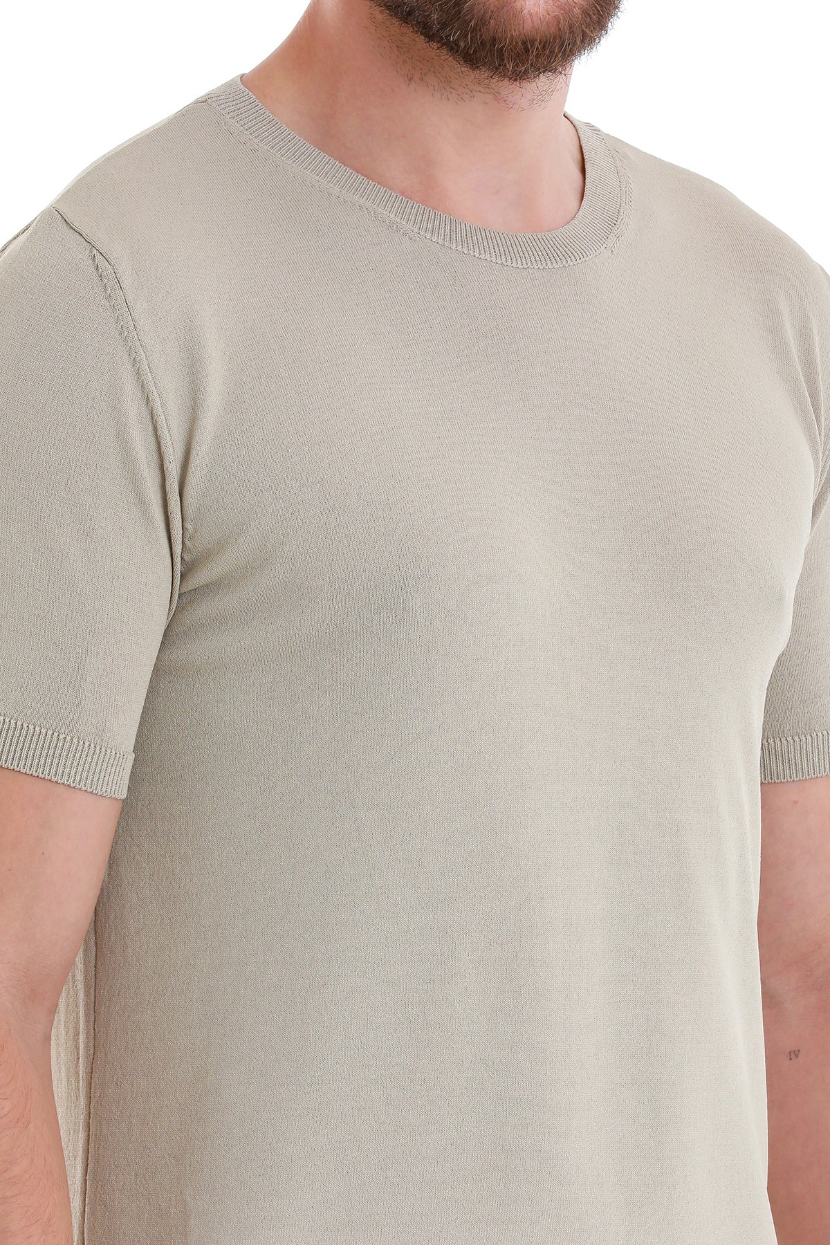 Slim Fit Rayon Beige Crew Neck Knit T-Shirt - SAYKI