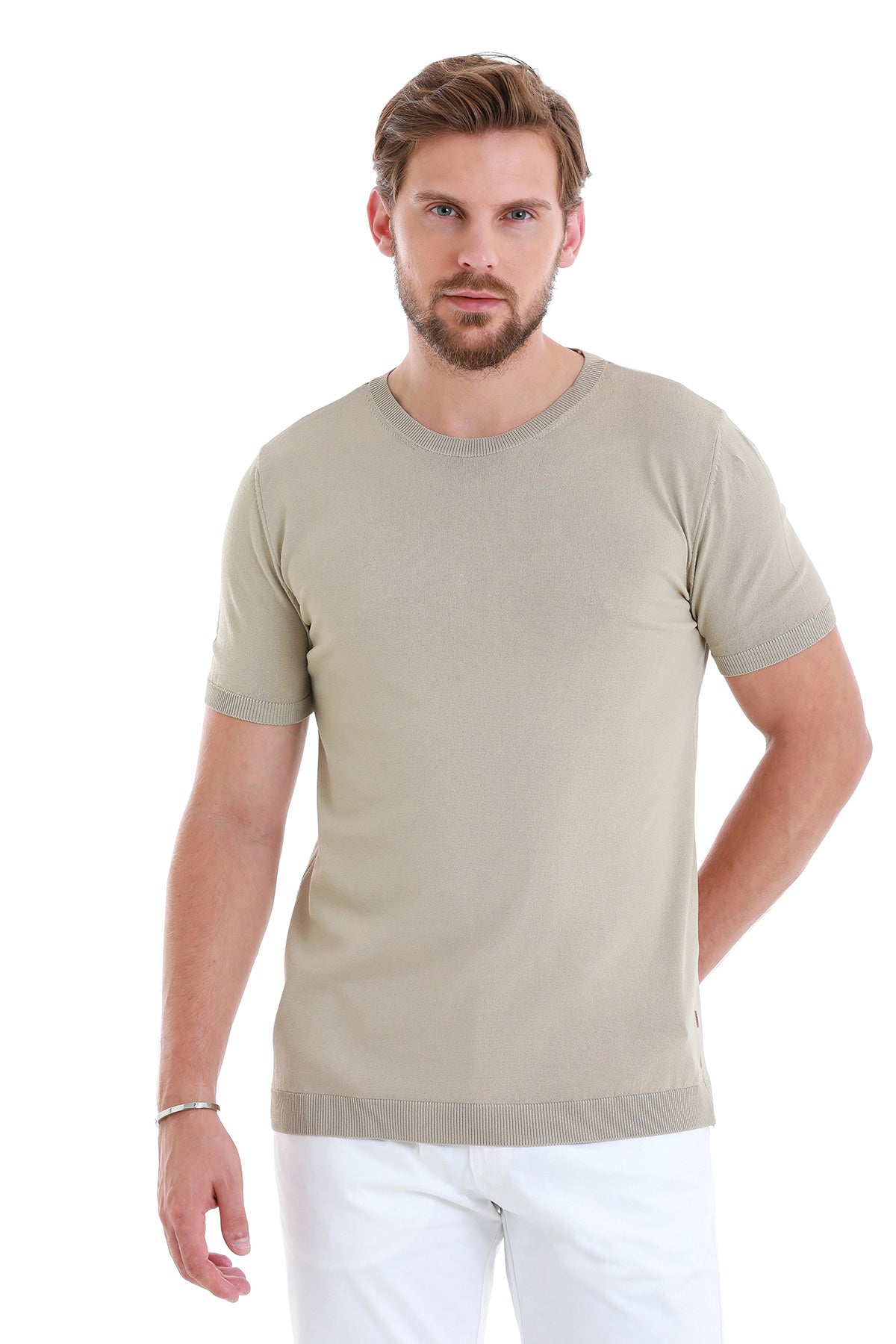 Slim Fit Rayon Beige Crew Neck Knit T-Shirt - SAYKI