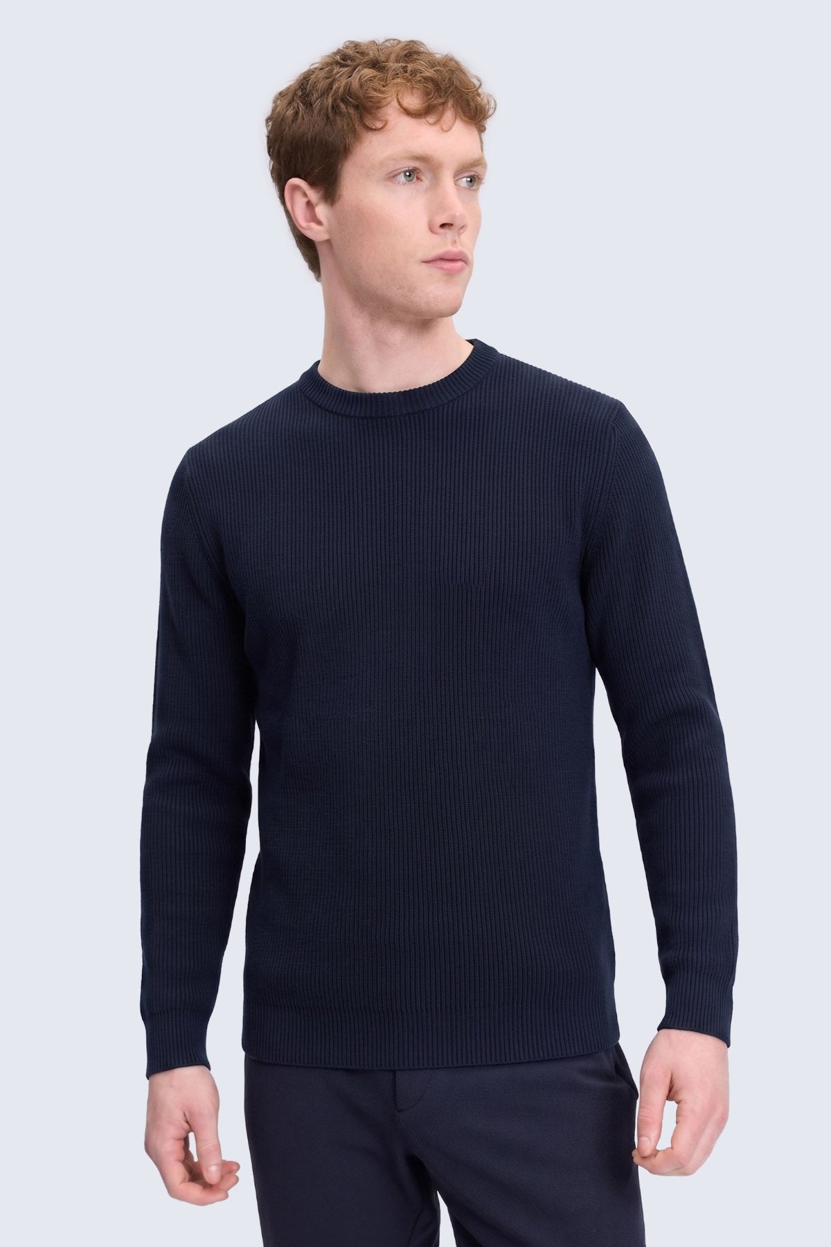 Navy blue slim fit rayon crewneck sweater with ribbed knit texture perfect for layering and casual wear