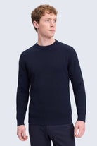 Navy blue slim fit rayon crewneck sweater with ribbed knit texture perfect for layering and casual wear